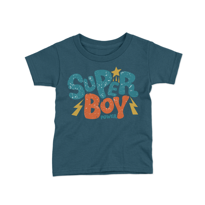 dark teal blue with super boy print kids tshirt 