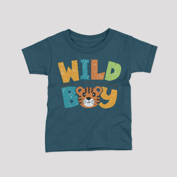 teal blue kids tshirt with wild boy print 